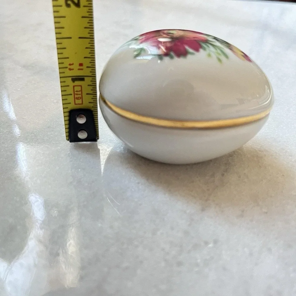 Chamart France Egg Shaped Trinket Box Pink Red Flower